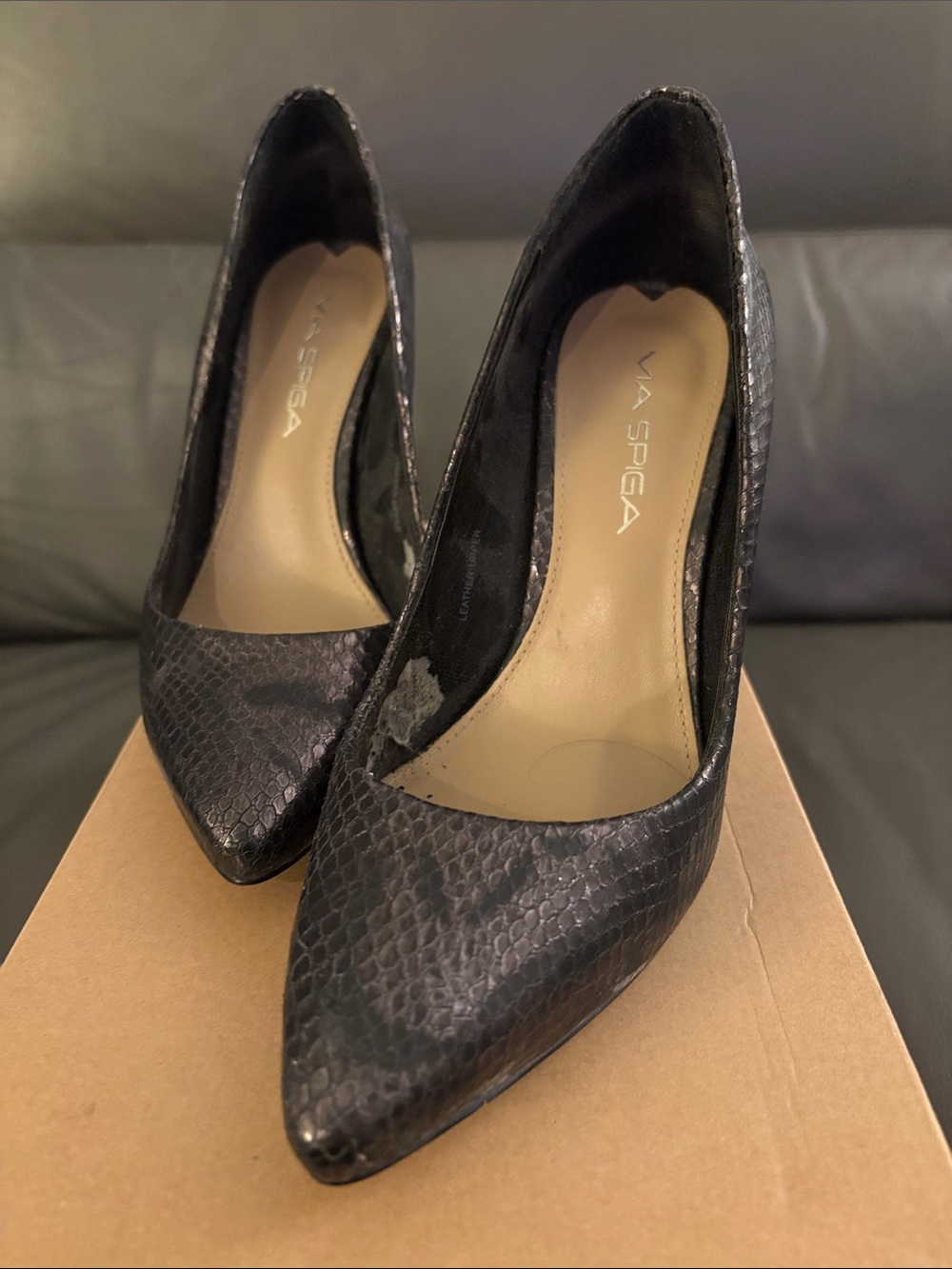 Via Spiga Black Snakeskin-Texture Pointed Toe Pumps